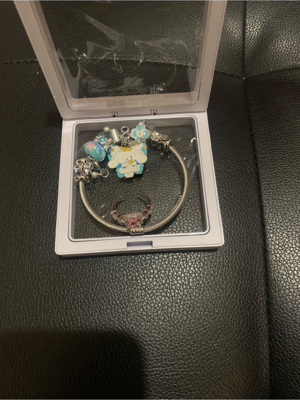 Silver Charm Bracelet with Turquoise Flower and Pink Accents, and pink adju ring